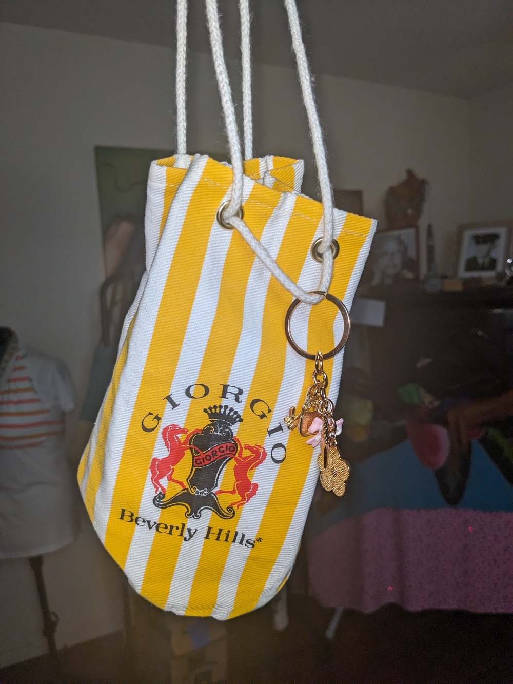 Giorgio Beverly Hills Yellow & White Stripe Wristlet Tote With FREE purse Charm
